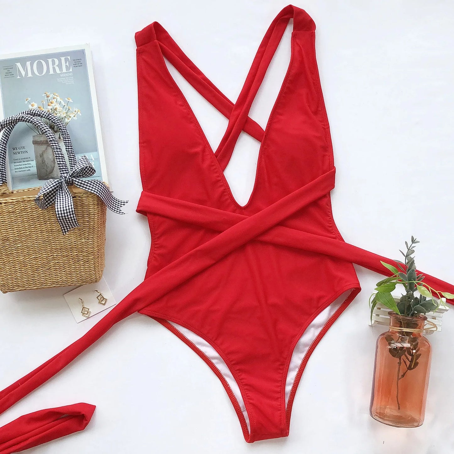 One - Piece Swimsuit with V - Neck and Crossed Straps - My Store