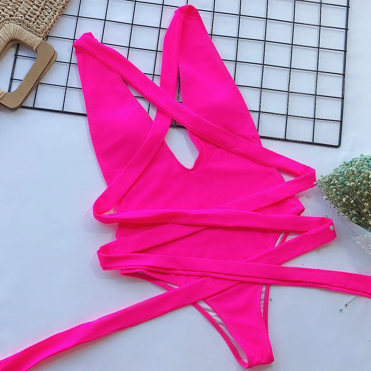 One - Piece Swimsuit with V - Neck and Crossed Straps - My Store