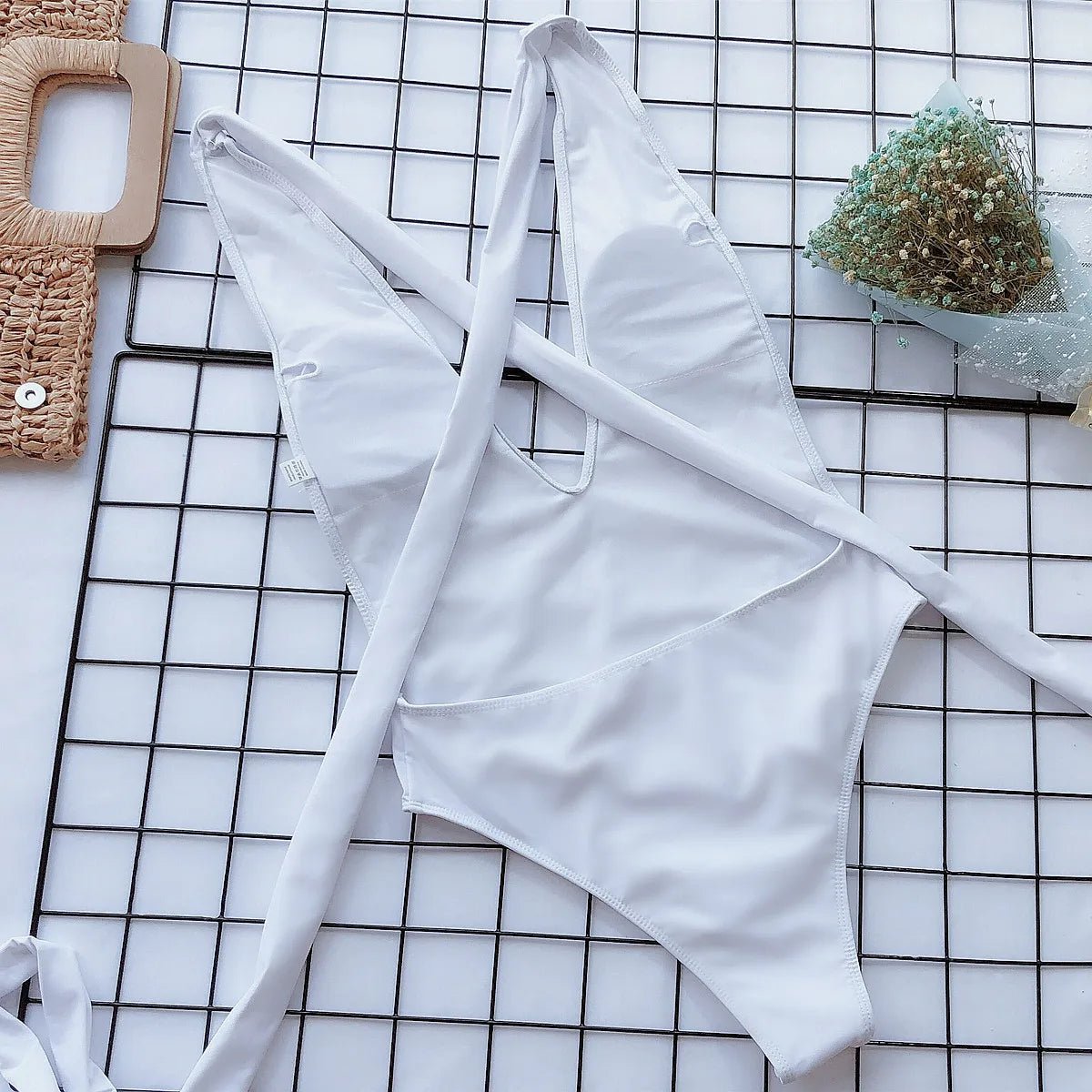One - Piece Swimsuit with V - Neck and Crossed Straps - My Store