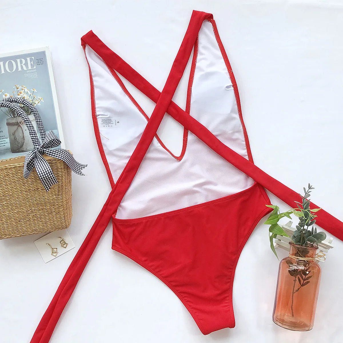 One - Piece Swimsuit with V - Neck and Crossed Straps - My Store