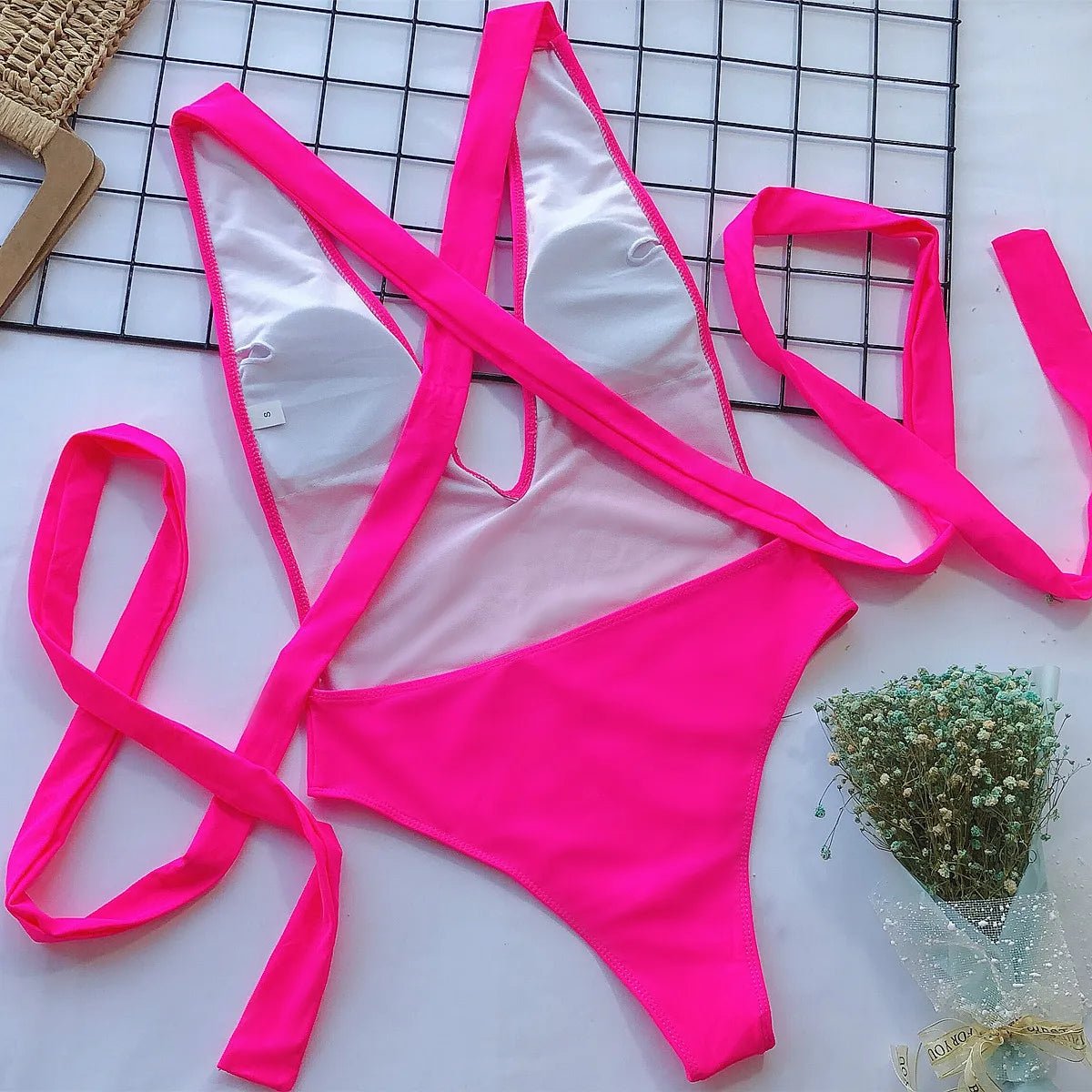One - Piece Swimsuit with V - Neck and Crossed Straps - My Store