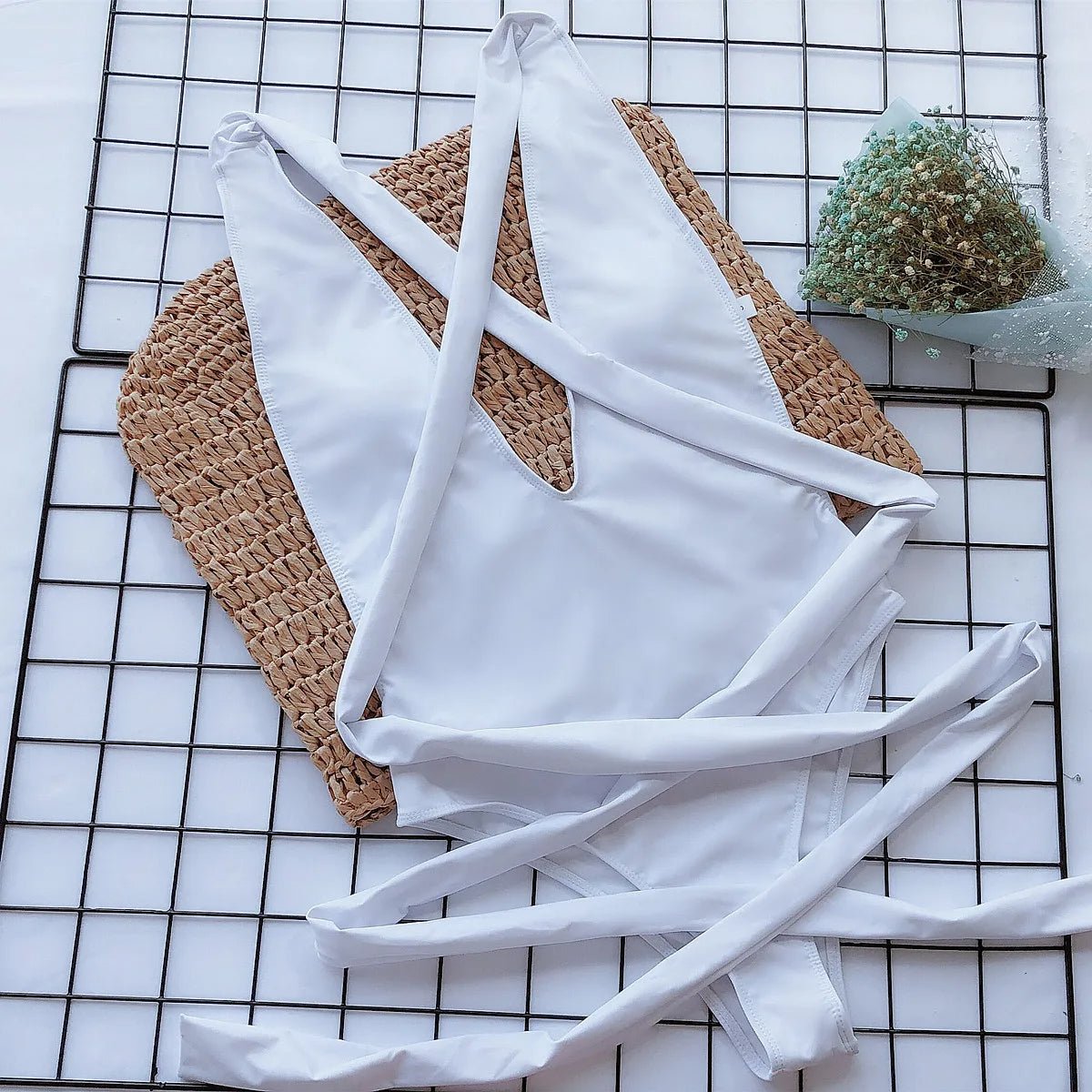 One - Piece Swimsuit with V - Neck and Crossed Straps - My Store