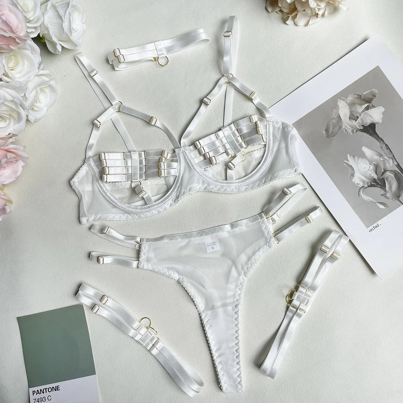 Sensual Sheer Mesh Strappy Lingerie Set with Matching Choker and Thigh Straps - My Store