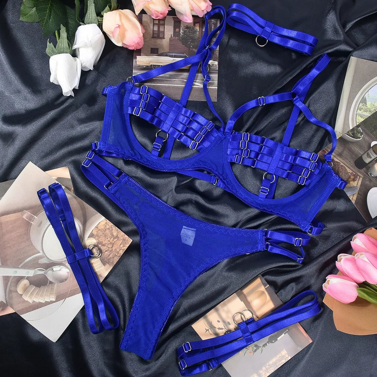 Sensual Sheer Mesh Strappy Lingerie Set with Matching Choker and Thigh Straps - My Store