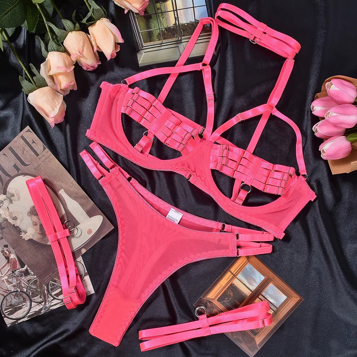 Sensual Sheer Mesh Strappy Lingerie Set with Matching Choker and Thigh Straps - My Store