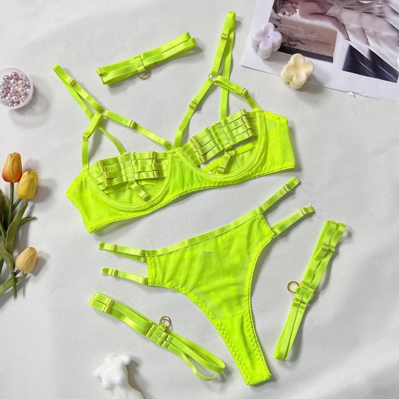 Sensual Sheer Mesh Strappy Lingerie Set with Matching Choker and Thigh Straps - My Store