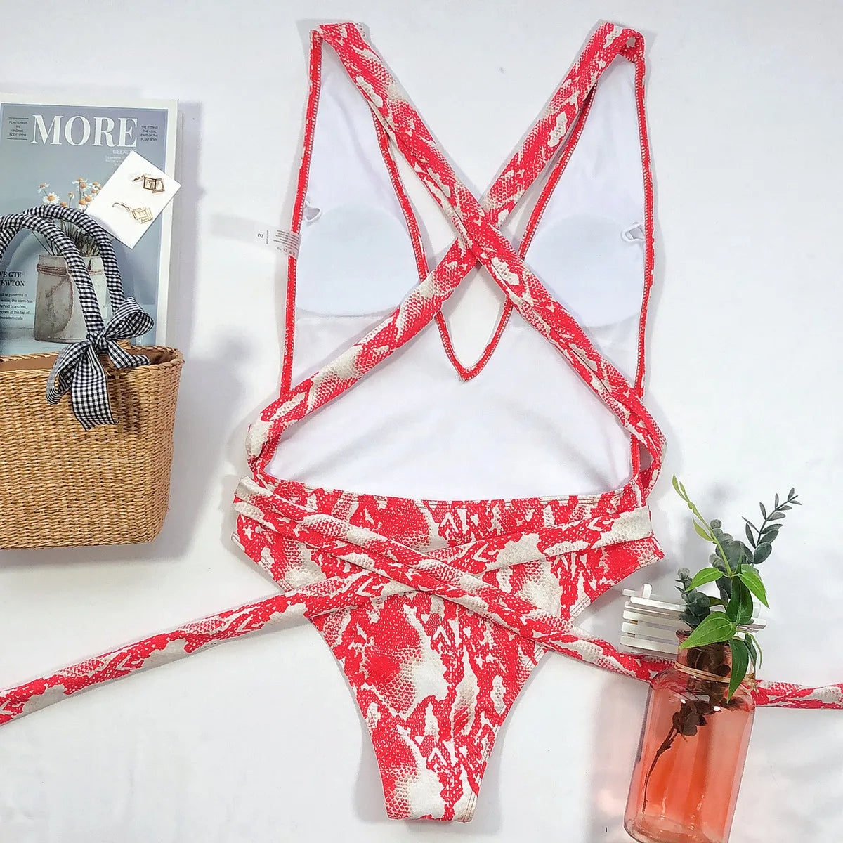 Red and white snake print one piece swimsuit