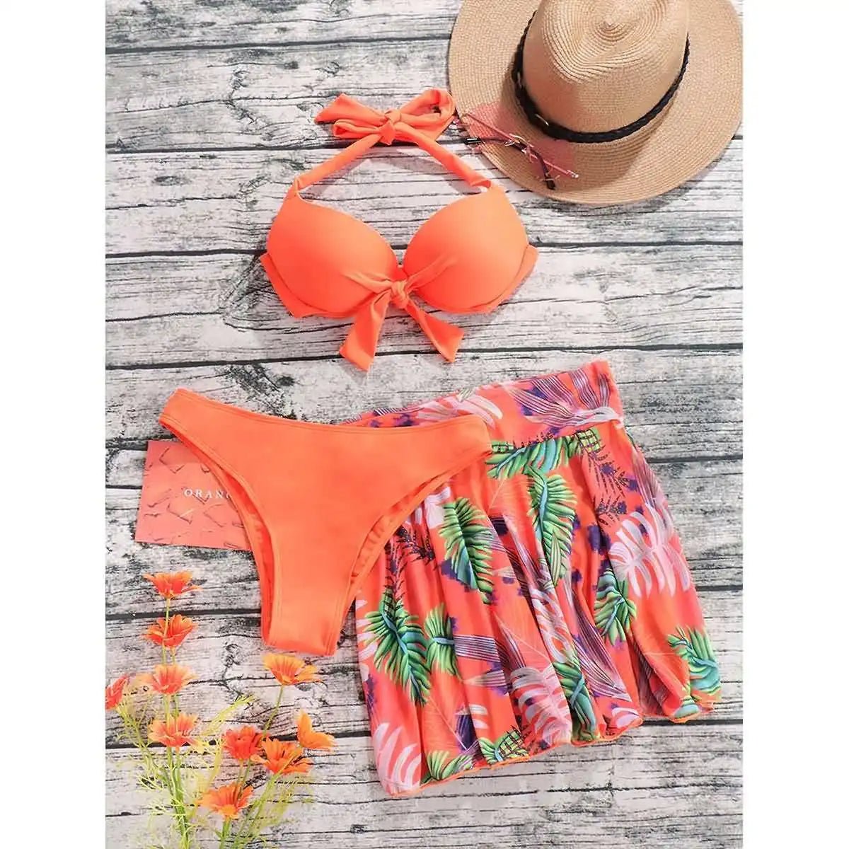 Tropical Orange Bikini Set with Leaf Print Skirt - My Store