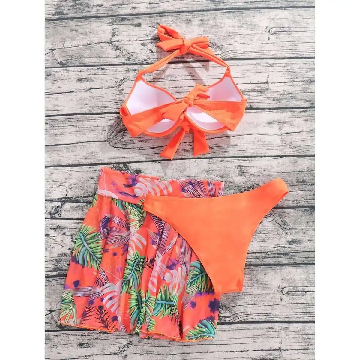 Tropical Orange Bikini Set with Leaf Print Skirt - My Store