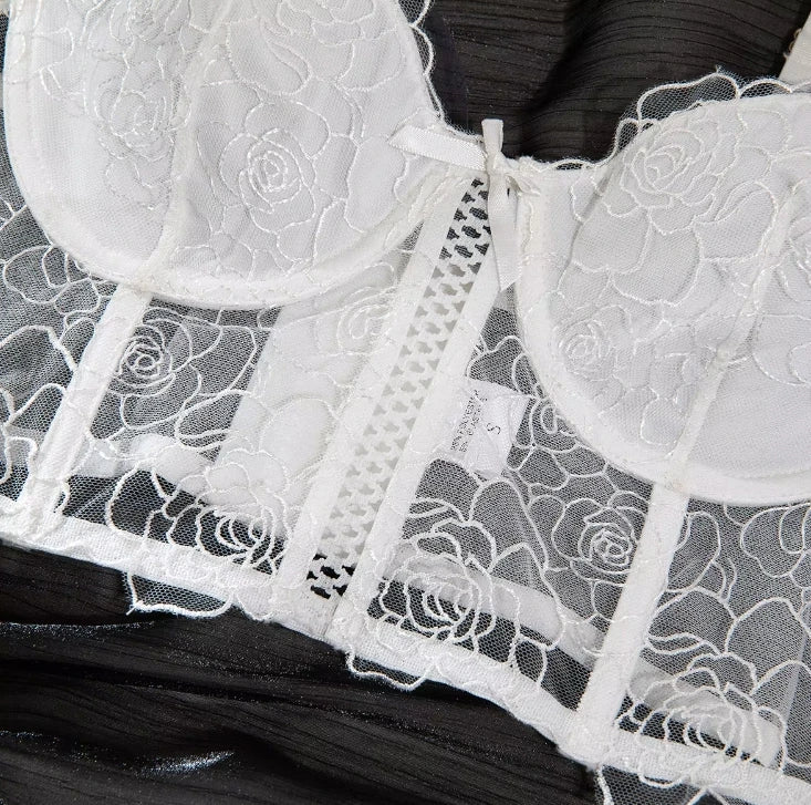 White Lace Lingerie Set with Underwire Bra and Floral Thong - My Store
