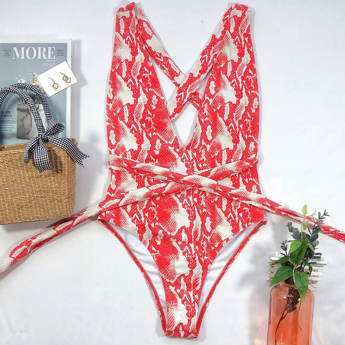 Red and white snake print one piece swimsuit