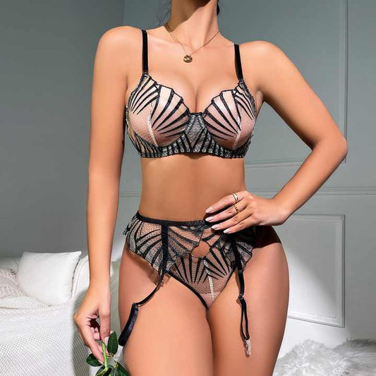 Black Lace Lingerie Set with Nude Base, Garter Belt and Thong