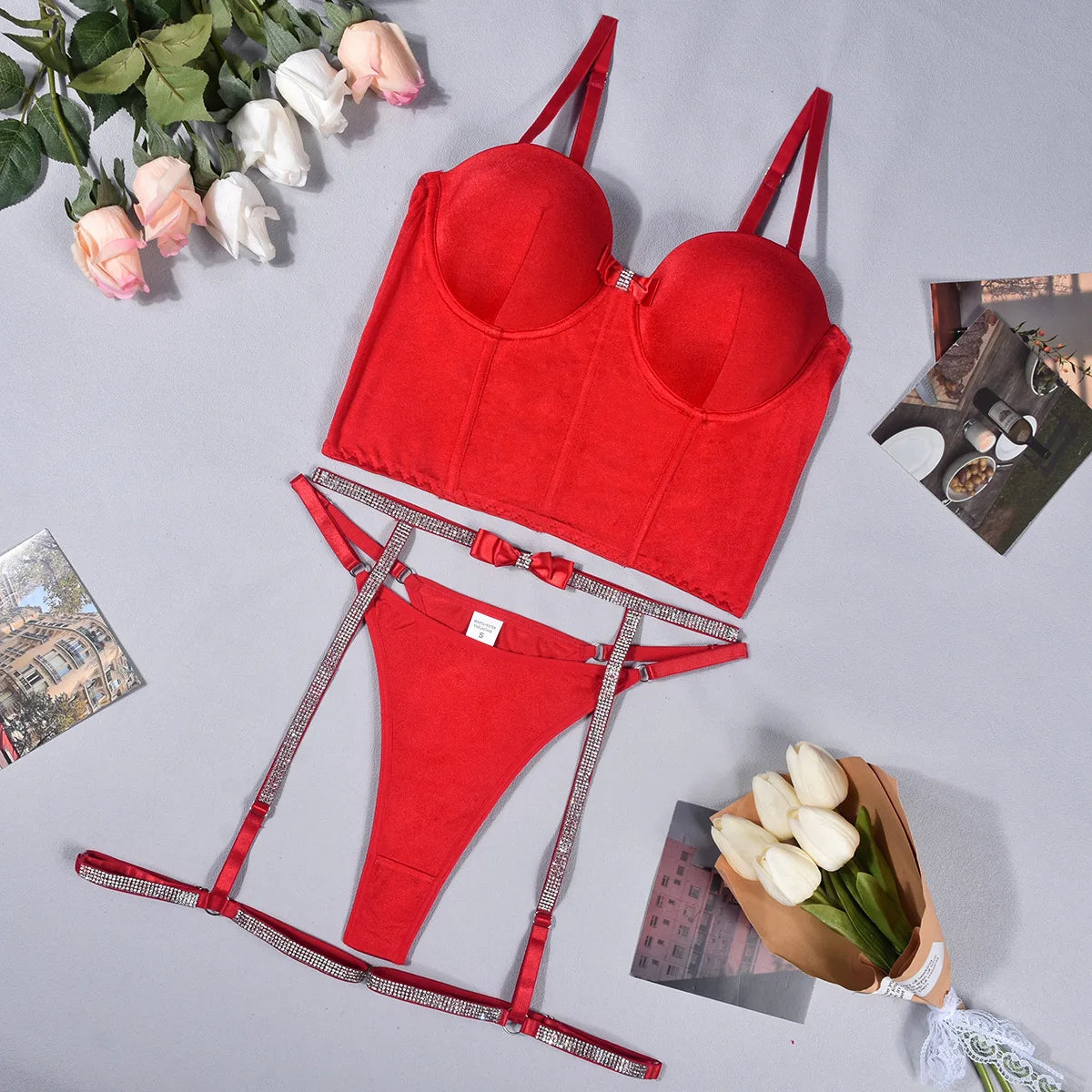 Red satin lingerie set with rhinestone details