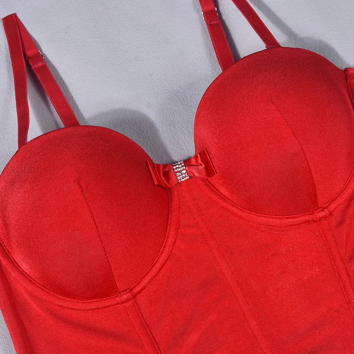 Red satin lingerie set with rhinestone details