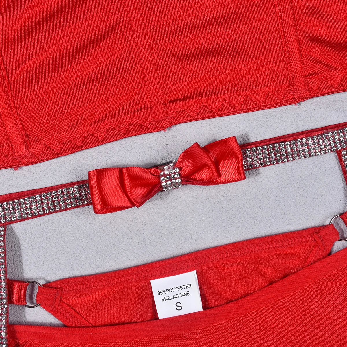 Red satin lingerie set with rhinestone details
