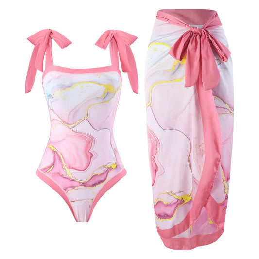 Pink Marble Print One-Piece Swimsuit with Bow-Tie Straps & Matching Sarong