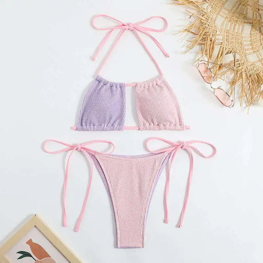 Two Tone Pastel Bikini with Adjustable Ties and Textured Fabric