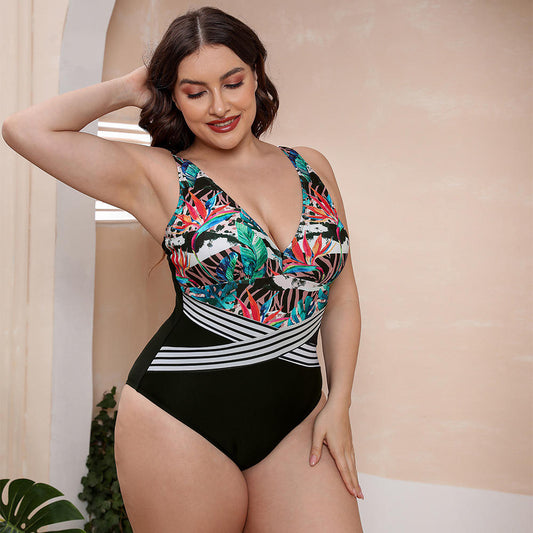 V-Neck One-Piece Swimsuit with Vibrant Prints