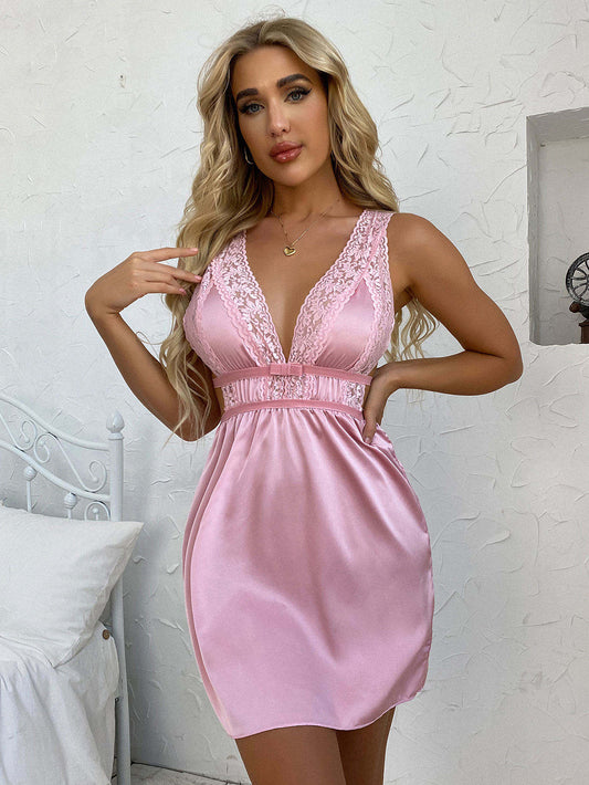 Pink Satin Nightdress with Lace Deep V-Neckline