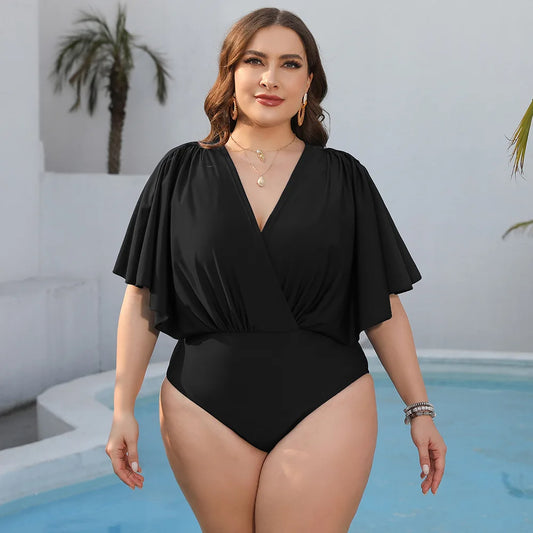 Black One-Piece Swimsuit with V-Neckline and Ruffle Sleeves