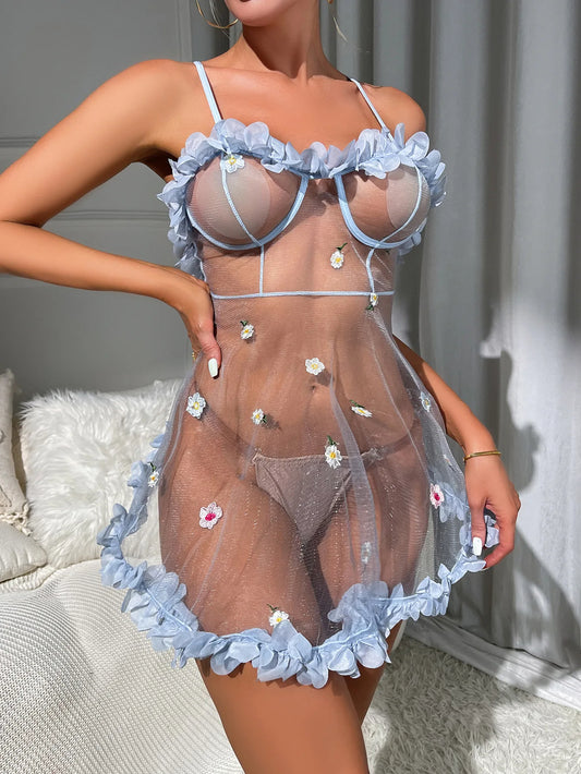 Sheer Babydoll Lingerie Set with Floral Appliqués & Soft Blue Ruffle Trim