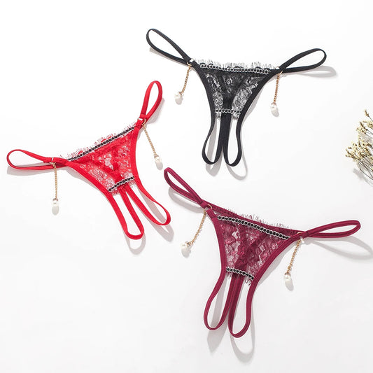 Elegant Lace Thongs with Pearl Accents