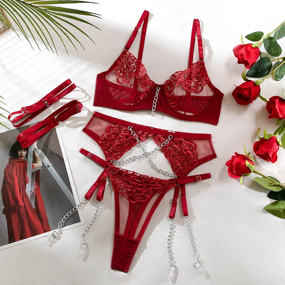 Axella Lace Lingerie Set with Chain Accents - Lauraxelle - Axella Lace Lingerie Set with Chain Accents - My Store - FROSTED AURORA