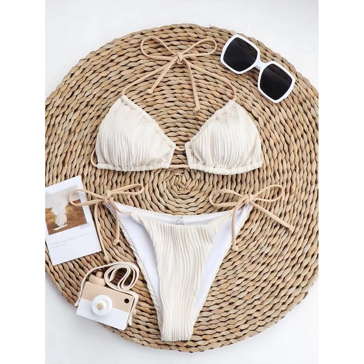 Beige Ribbed Bikini with Adjustable Tie Straps - Lauraxelle - Beige Ribbed Bikini with Adjustable Tie Straps - My Store - OPAL MIRAGE