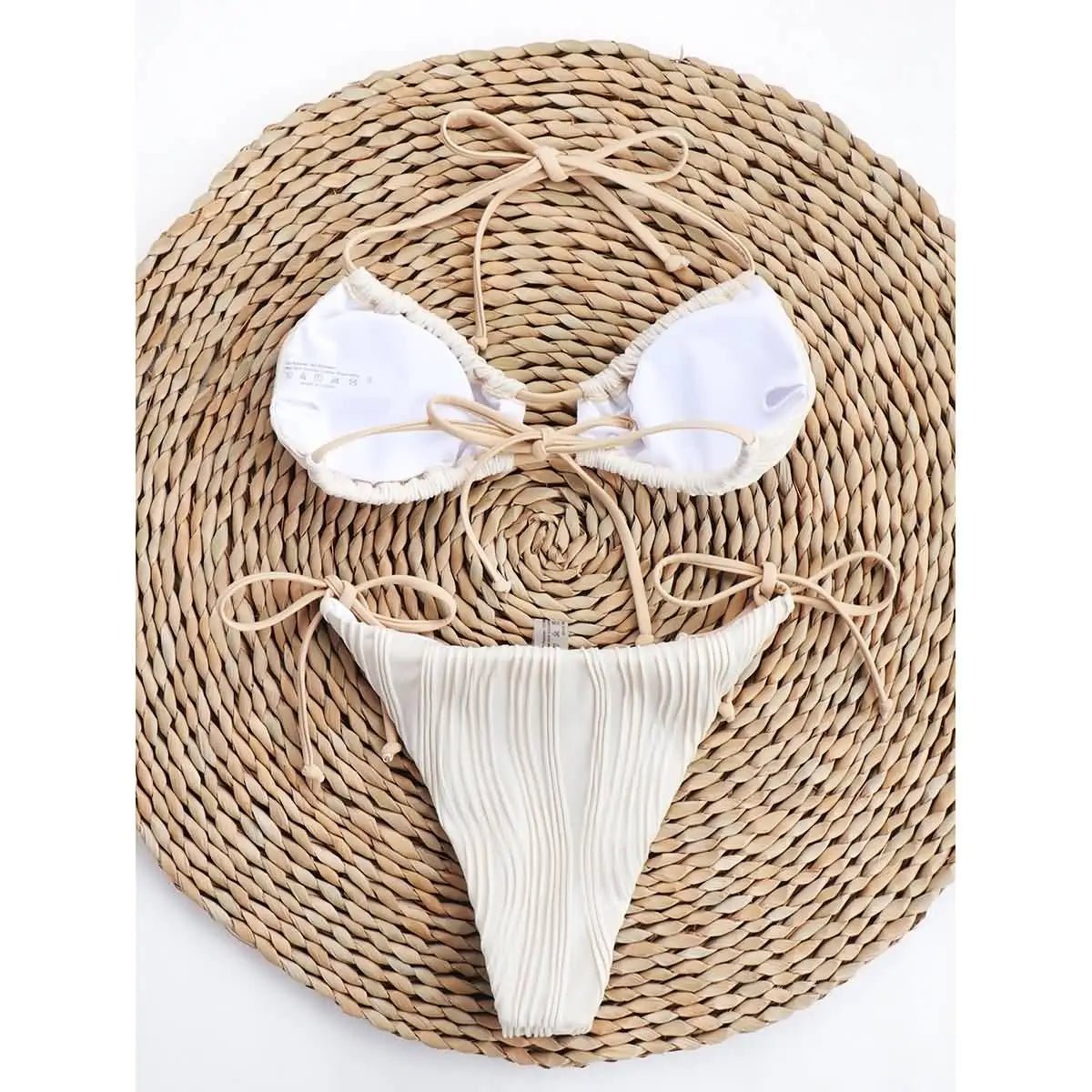 Beige Ribbed Bikini with Adjustable Tie Straps - Lauraxelle - Beige Ribbed Bikini with Adjustable Tie Straps - My Store - OPAL MIRAGE