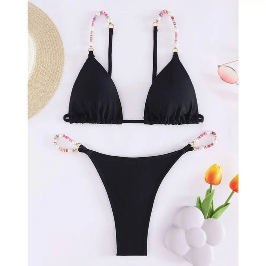 Black Bikini Set with Colorful Beaded Straps - Lauraxelle - Black Bikini Set with Colorful Beaded Straps - SOUPLE