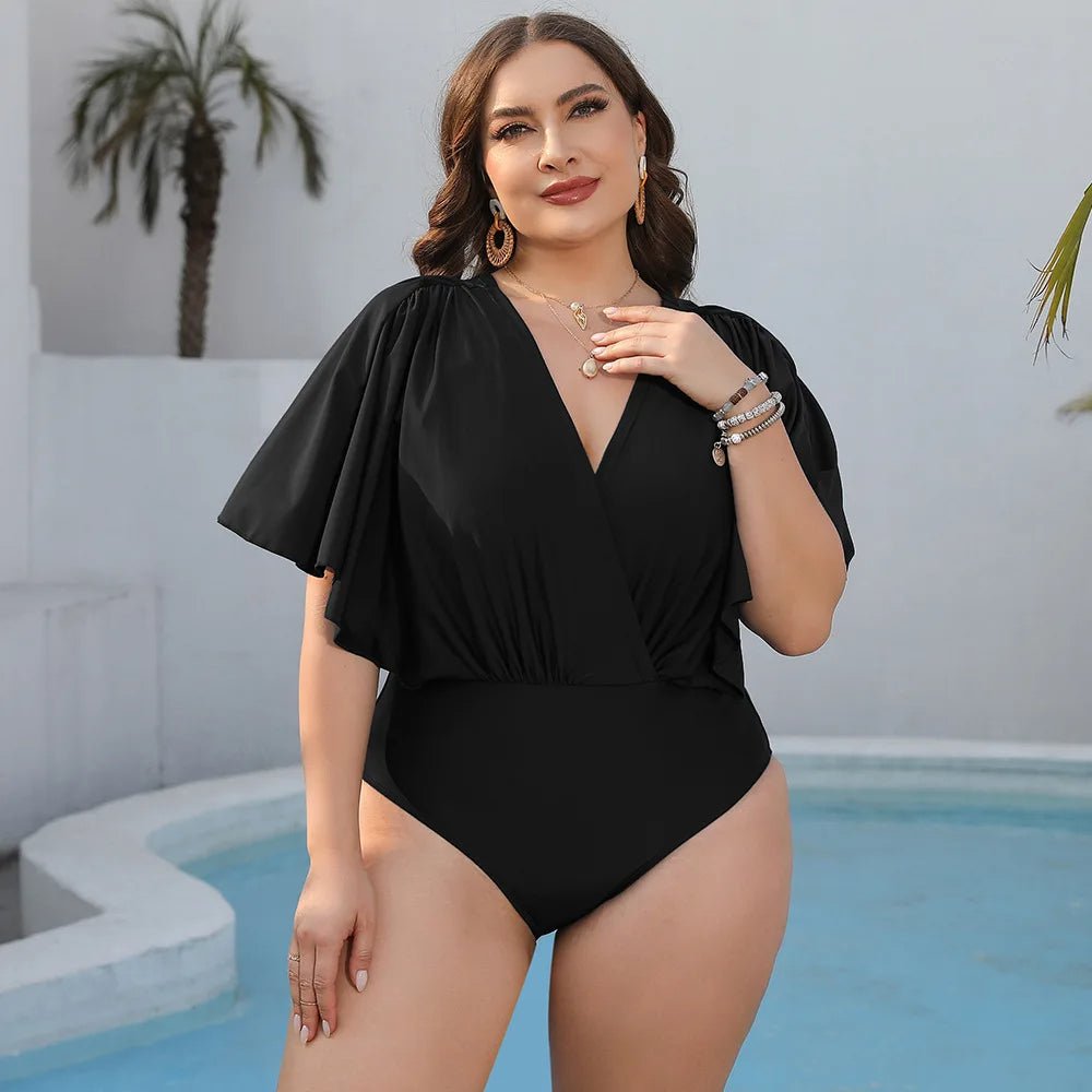 Black One - Piece Swimsuit with V - Neckline and Ruffle Sleeves - Lauraxelle - Black One - Piece Swimsuit with V - Neckline and Ruffle Sleeves - RADIANT MIRAGE