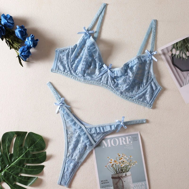 Blue Lace Lingerie with Floral Details - Lauraxelle - Blue Lace Lingerie with Floral Details - ELVIRA