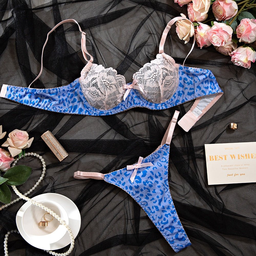 Blue Leopard Print & Lace Lingerie Set with Underwire Support - Lauraxelle - Blue Leopard Print & Lace Lingerie Set with Underwire Support - ETHEREAL SILHOUETTES