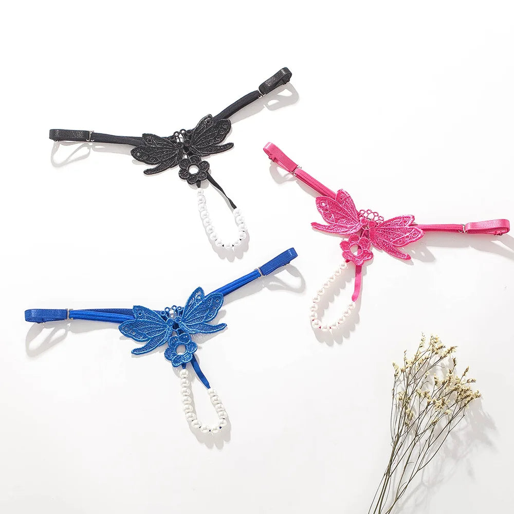 Butterfly lace thong with pearl details