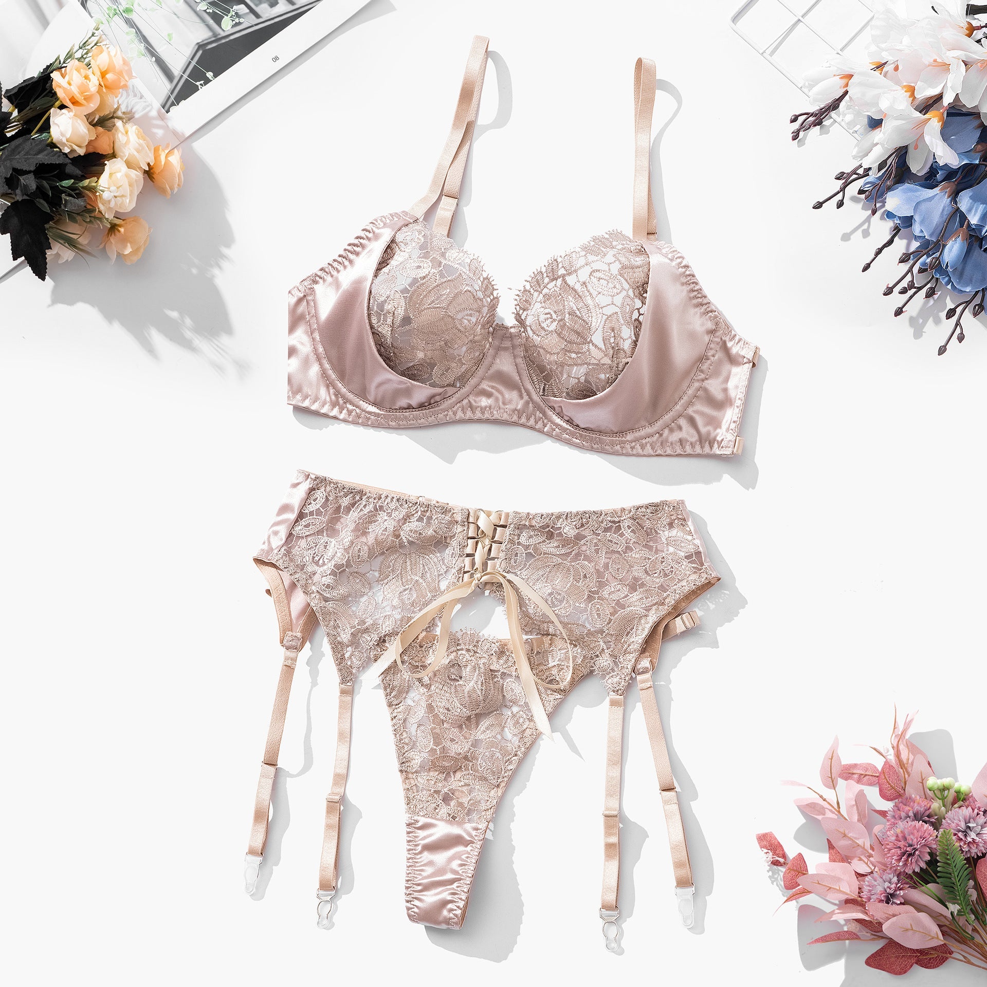 Blush Satin & Lace Lingerie Set – Luxurious Elegance - Lauraxelle - Blush Satin & Lace Lingerie Set – Luxurious Elegance - DELICATE MACRAME