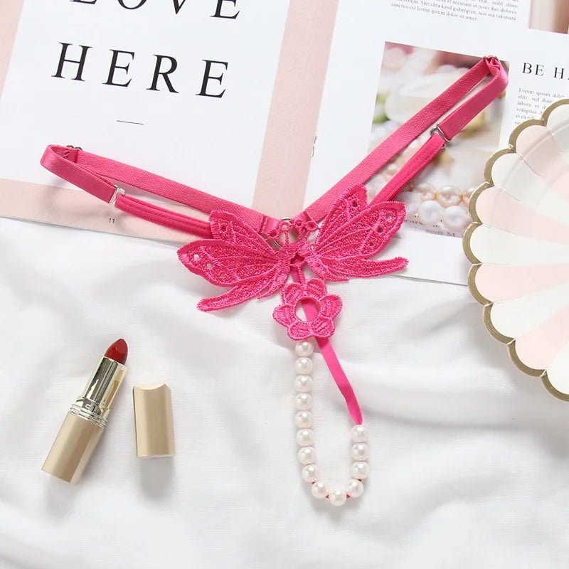 Butterfly lace thong with pearl details - Lauraxelle - Butterfly lace thong with pearl details - SECRET ROMANCE