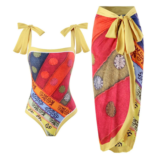 Colorful Patchwork Swimsuit Set with Bow - Tie Straps & Matching Sarong - Lauraxelle - Colorful Patchwork Swimsuit Set with Bow - Tie Straps & Matching Sarong - BRIGITTA GROOVE