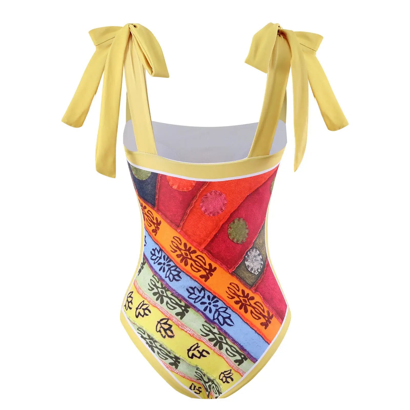 Colorful Patchwork Swimsuit Set with Bow - Tie Straps & Matching Sarong - Lauraxelle - Colorful Patchwork Swimsuit Set with Bow - Tie Straps & Matching Sarong - BRIGITTA GROOVE