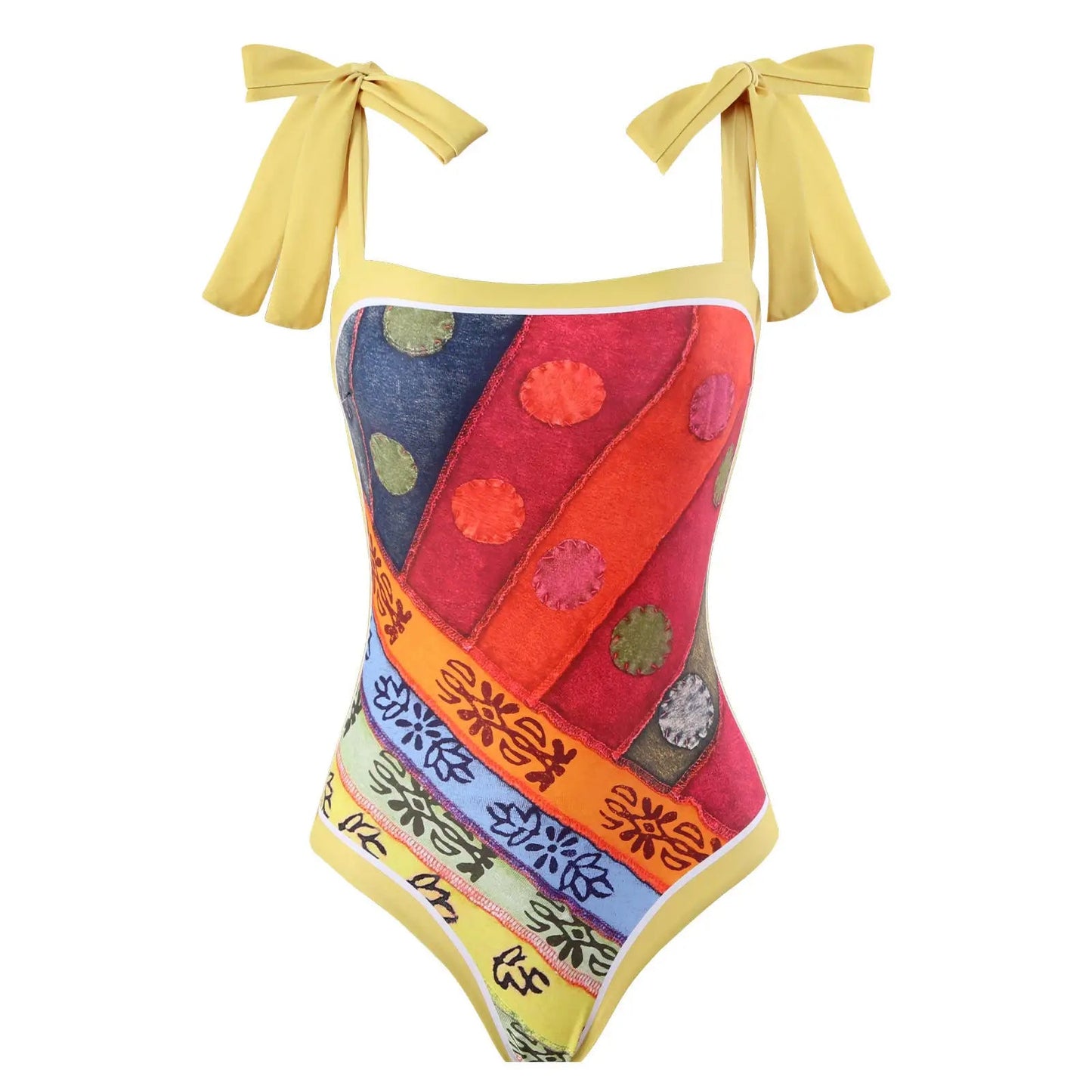 Colorful Patchwork Swimsuit Set with Bow - Tie Straps & Matching Sarong - Lauraxelle - Colorful Patchwork Swimsuit Set with Bow - Tie Straps & Matching Sarong - BRIGITTA GROOVE