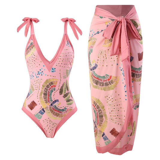 Eco - Friendly Pink One - Piece Swimsuit with Abstract Pattern & Matching Sarong - Lauraxelle - Eco - Friendly Pink One - Piece Swimsuit with Abstract Pattern & Matching Sarong - My Store - FLORAL