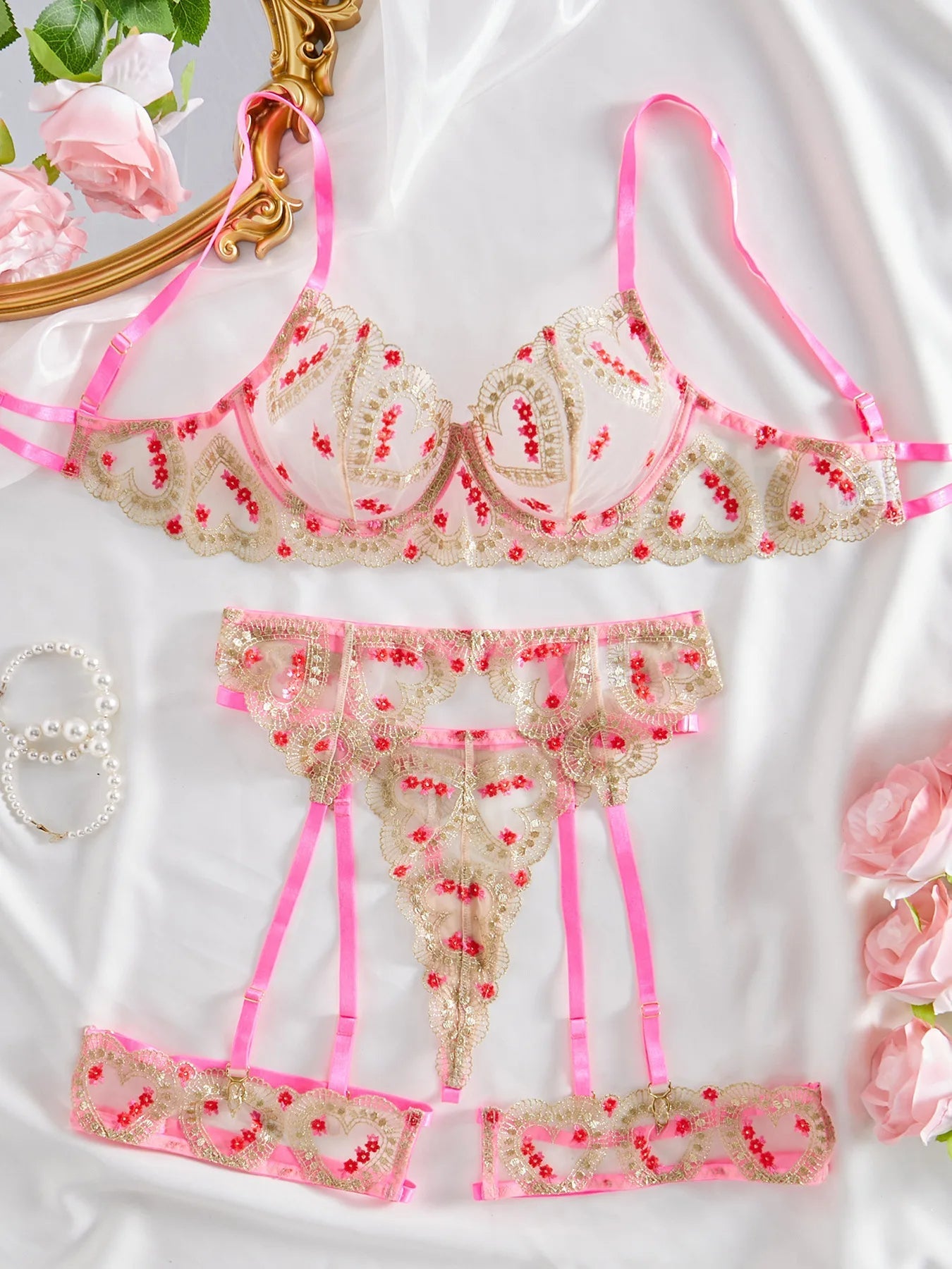 Elegant lace lingerie set with pink accents - Lauraxelle - Elegant lace lingerie set with pink accents - My Store - TIMELESS OPAL