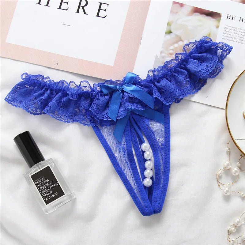 Elegant Lace Thong with Bows & Pearl Detailing - Lauraxelle - Elegant Lace Thong with Bows & Pearl Detailing - SECRET ROMANCE