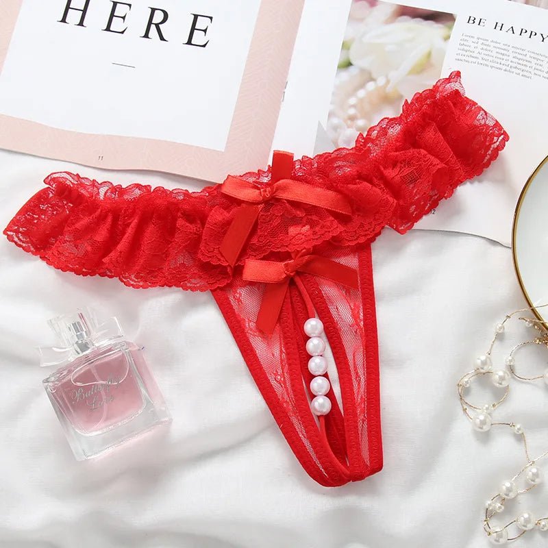 Elegant Lace Thong with Bows & Pearl Detailing - Lauraxelle - Elegant Lace Thong with Bows & Pearl Detailing - SECRET ROMANCE
