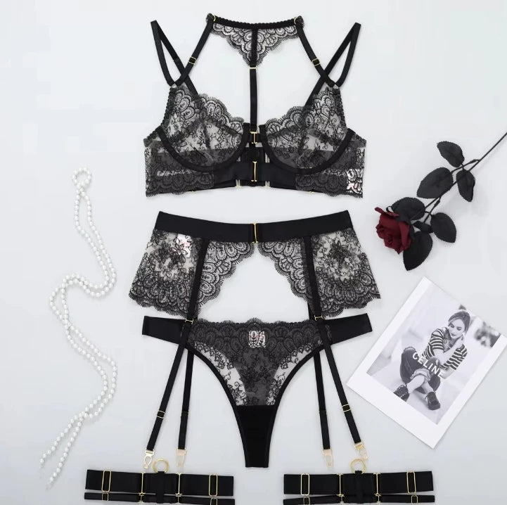 Exquisite Black Lace Lingerie Set - Lauraxelle - Exquisite Black Lace Lingerie Set - EDEN BLACK