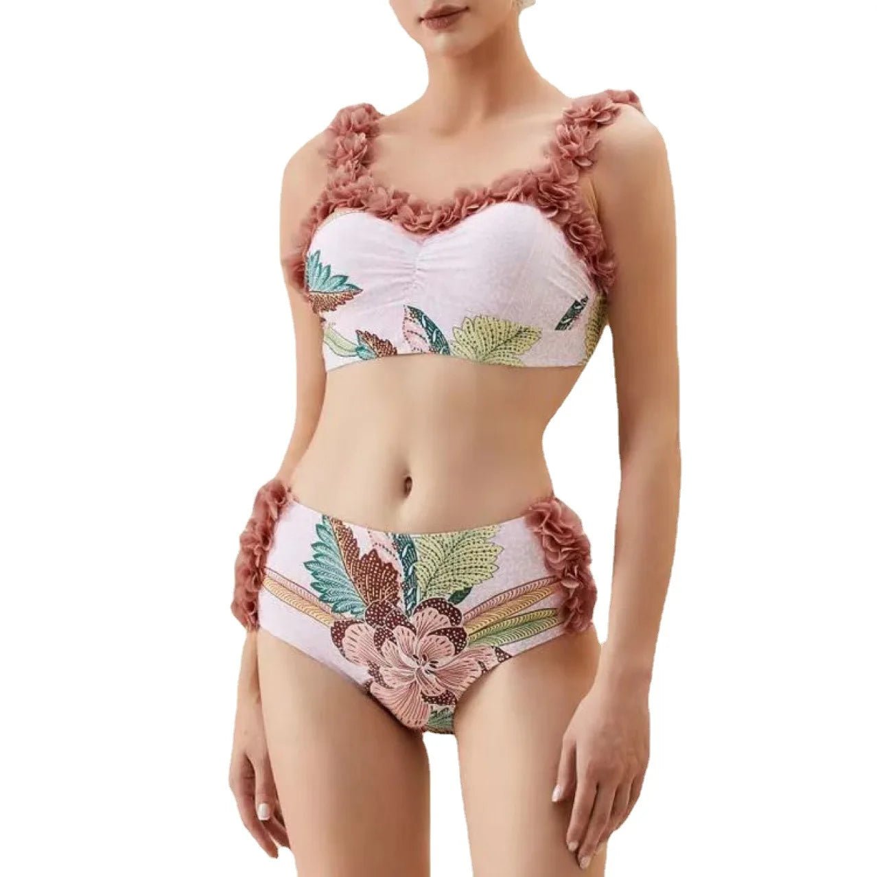 Floral Ruffled Bikini Set with Matching Sarong - Lauraxelle - Floral Ruffled Bikini Set with Matching Sarong - SUMMER CHIC