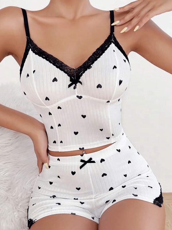 Heart Print Pajama Set with Lace Trim and Bow Detail - Lauraxelle - Heart Print Pajama Set with Lace Trim and Bow Detail - AURA