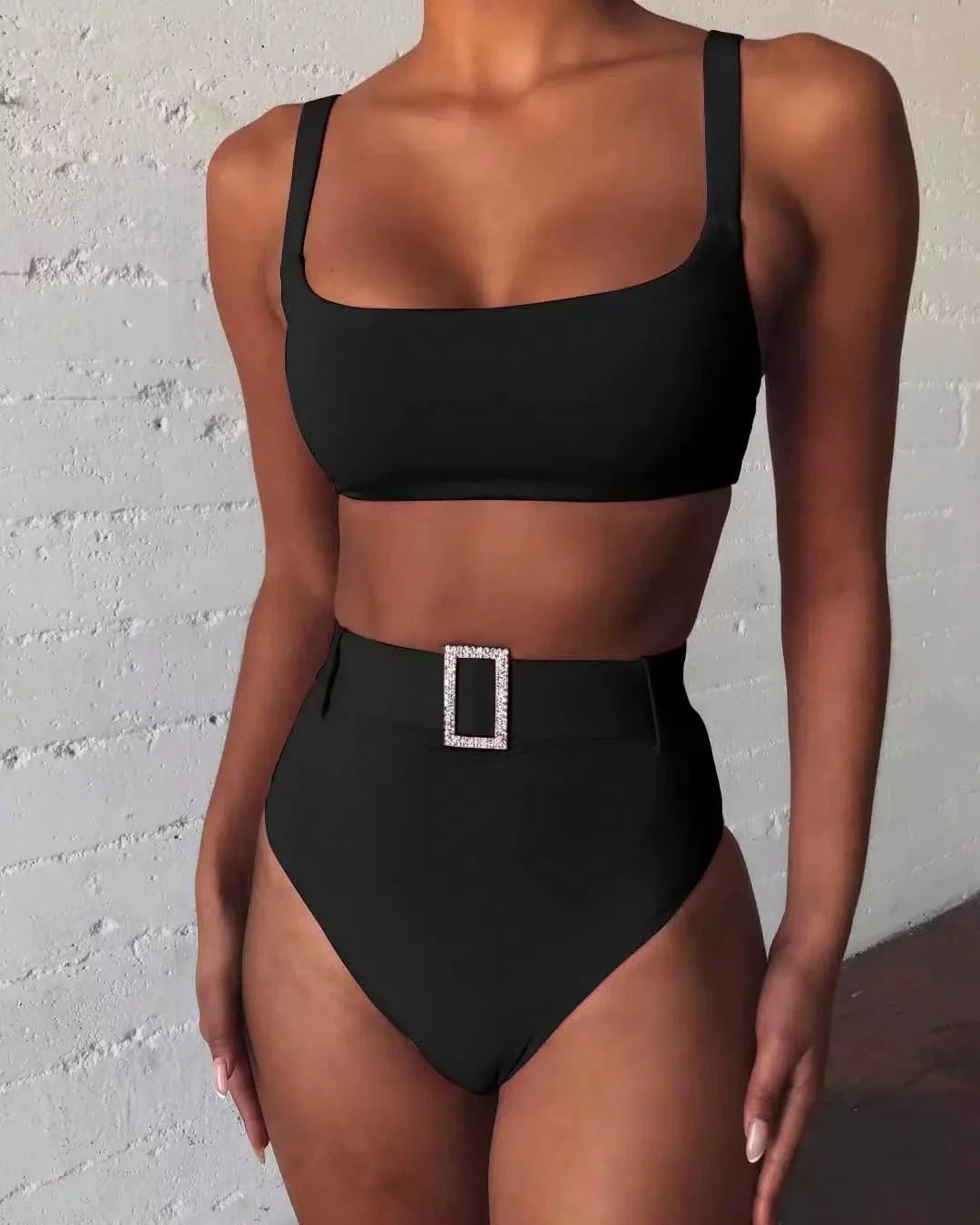 High - Waisted Bikini Set with Rhinestone Buckle - Lauraxelle - High - Waisted Bikini Set with Rhinestone Buckle - SUMMER CHIC