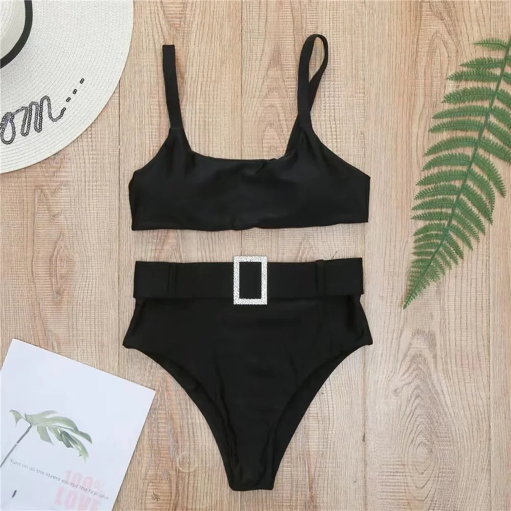 High - Waisted Bikini Set with Rhinestone Buckle - Lauraxelle - High - Waisted Bikini Set with Rhinestone Buckle - SUMMER CHIC