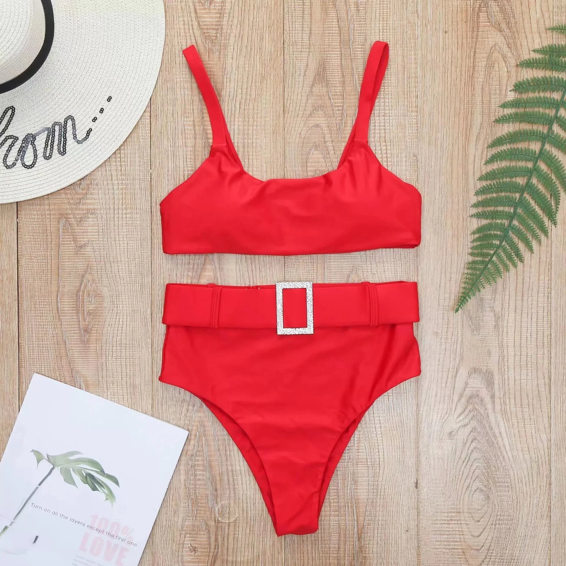 High - Waisted Bikini Set with Rhinestone Buckle - Lauraxelle - High - Waisted Bikini Set with Rhinestone Buckle - SUMMER CHIC