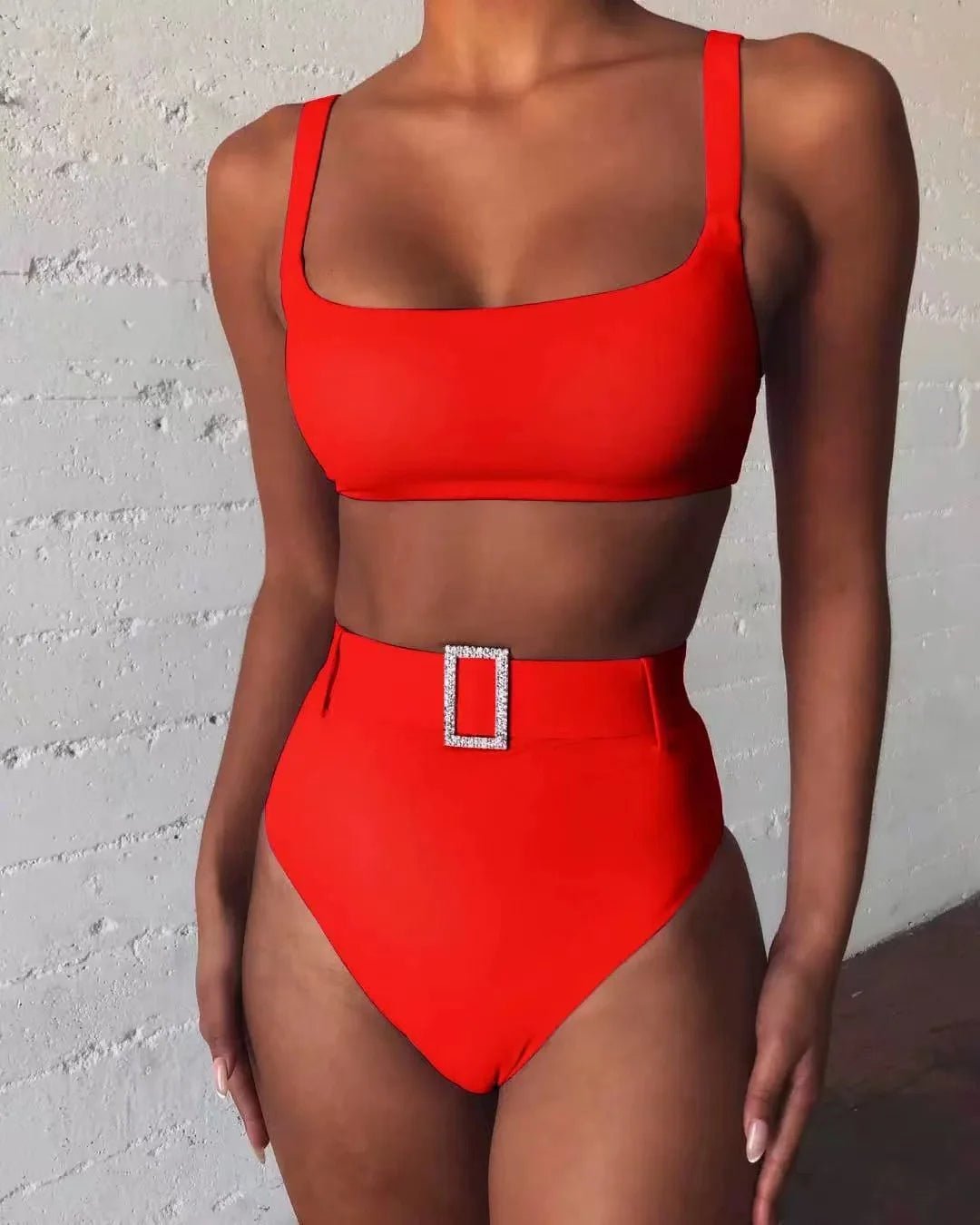 High - Waisted Bikini Set with Rhinestone Buckle - Lauraxelle - High - Waisted Bikini Set with Rhinestone Buckle - SUMMER CHIC